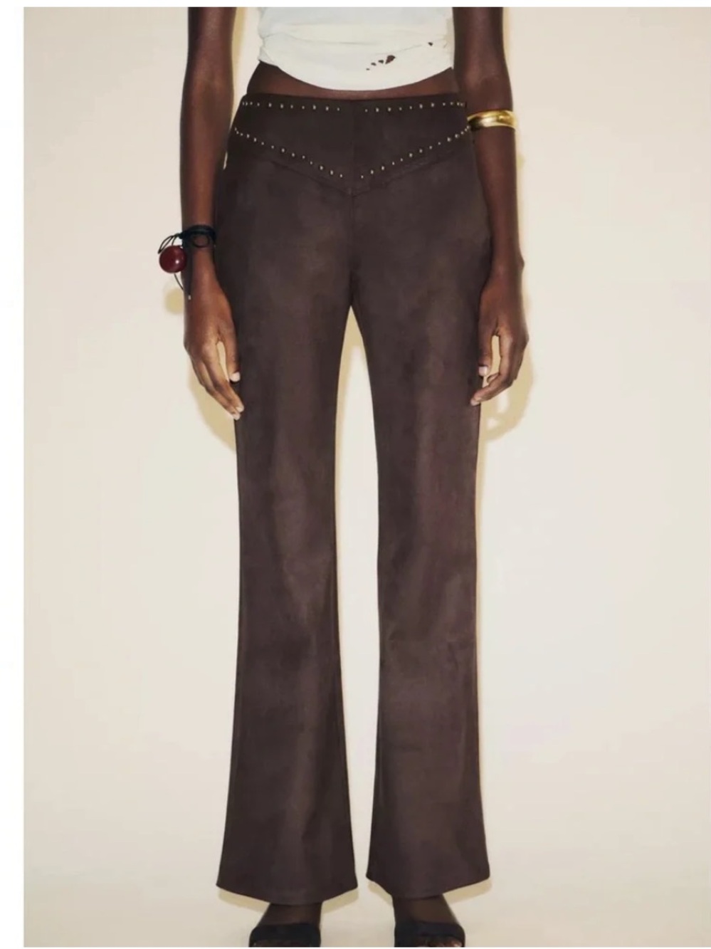 Zara NWT brown studded faux suede embellished pants 5063/810